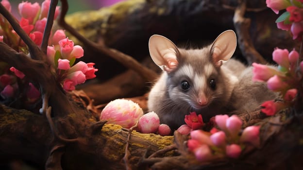 National Opossum Day, Brushtail Possum Or Trichosurus Vulpecula Sits In Nest On Blooming Tree In Forest. Ai Generated October 18th. Animal In Wildlife. Horizontal Plane. Mockup Or Design