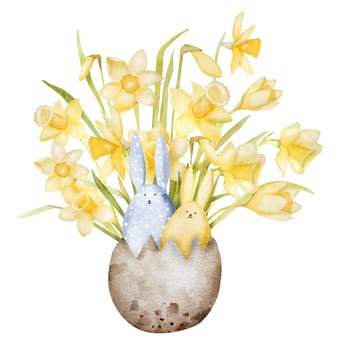 Easter Holiday Clipart Features A Watercolor Bouquet Of Daffodils In An Eggshell With Decorative Bunnies