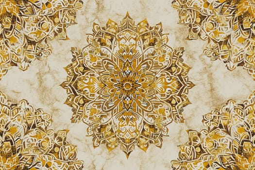 Majestic seamless mandala pattern in gold and beige, radiating ancient elegance, perfect for fabric prints, wallpapers, backgrounds that require a touch of ornate tradition and luxury. Generative AI