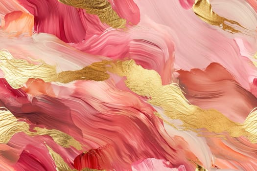 Seamless pattern with abstract paint waves. Repeatable texture. Pink and golden brushstrokes. Ideal for textile designs, wallpapers, background graphics, fashion fabrics, upholstery. Generative AI