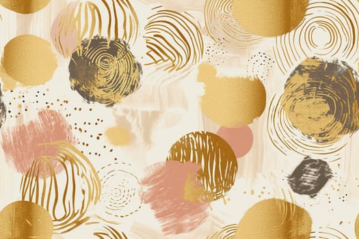 A modern seamless pattern with abstract golden circles and textured brush strokes on a beige canvas, perfect for sophisticated wallpapers, chic apparel, and elegant packaging. Generative AI