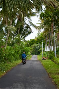 A person on a motorcycle rides a scenic asphalt road in Asia. Bali, Indonesia - 12.24.2022