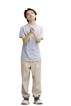 A guy in a gray T-shirt, on a white background, full-length, begging.