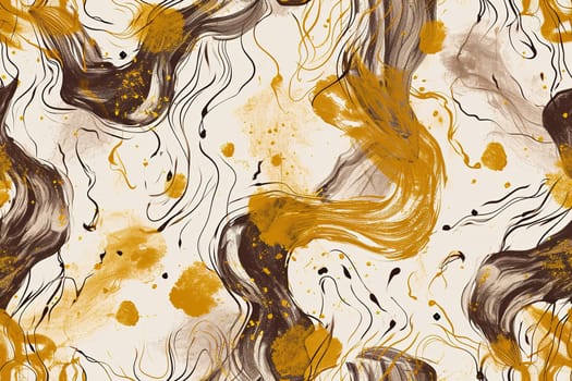 A mesmerizing seamless pattern with swirling golden and brown ink on a beige canvas, perfect for artistic wall coverings, bold textiles, and statement decor pieces. Generative AI