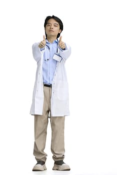 The doctor guy, on a white background, in full height, shows his thumbs up.