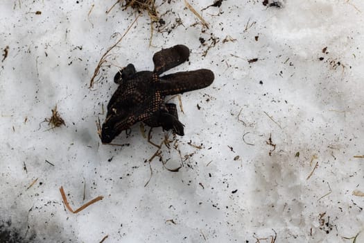 Dirty glove on the snow close up, copy space