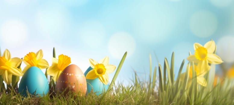 Happy Easter. Easter eggs on green grass with yellow daffodils on a sunny spring day. Easter banner with copy space