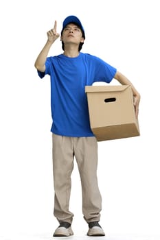 The delivery guy, on a white background, full-length, with a box, pointing up.