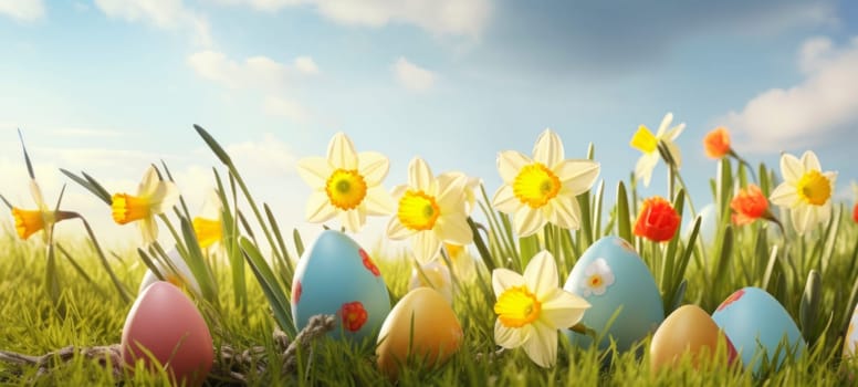 Happy Easter. Easter eggs on green grass with yellow daffodils on a sunny spring day. Easter banner with copy space