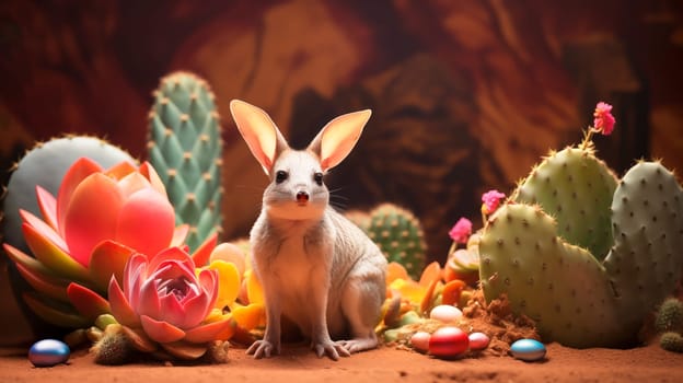 Easter Macrotis or Bilbies. rabbit-bandicoot in Desert Among Easter Colored Hen Eggs and Blooming Succulent Plants. Postcard or Mockup. AI Generated. Australia Easter Symbol High quality illustration