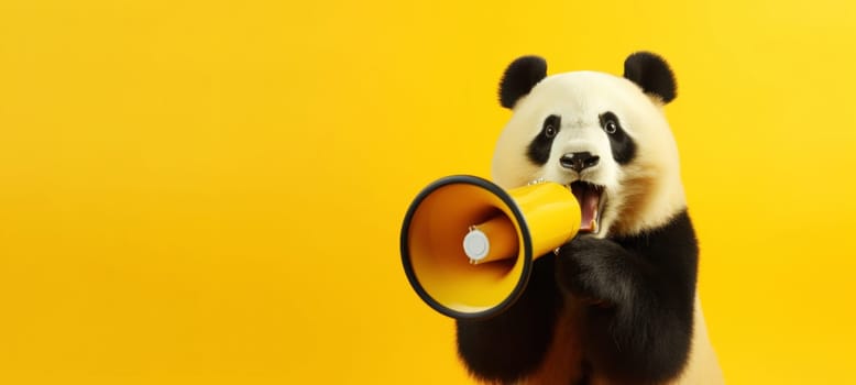 Panda with loudspeaker on yellow background.