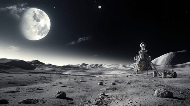 autonomous research station stands on the deserted surface of the Moon and conducts research, takes soil and atmosphere samples for analytical studies on the surface of the Moon,High quality photo