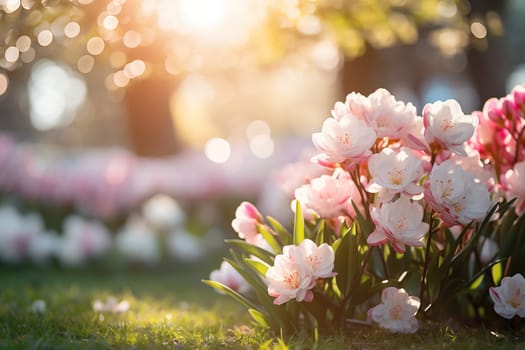 Beautiful flowers in the park against a background of soft bokeh light.