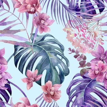 Seamless bright tropical pattern with orchid flowers and monstera leaves. Botanical pattern for textile and surface design