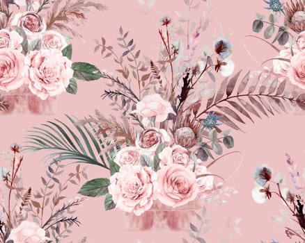 Seamless botanical pattern with watercolor flowers of roses and palm leaves