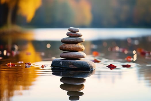 Smooth oval stones stacked on the water, blurred natural background.