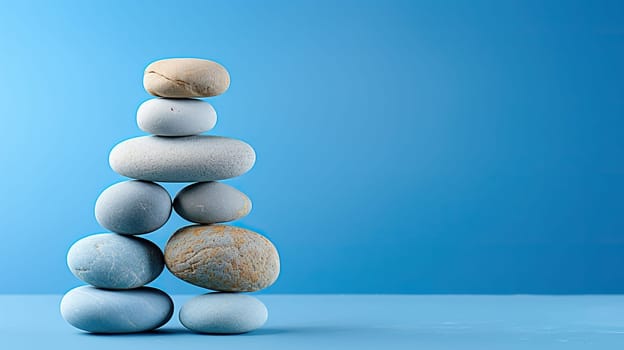 A stack of ugly smooth stones on a blue background.