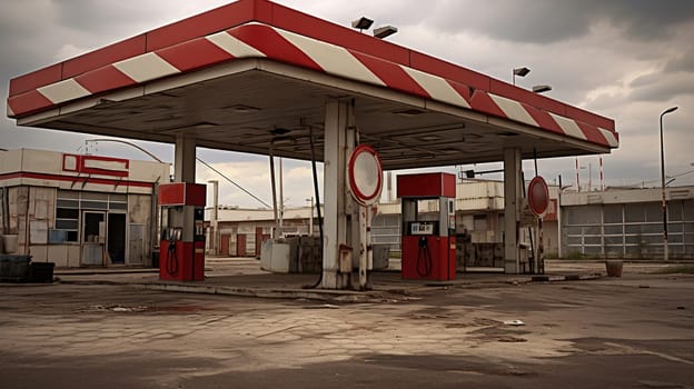 abandoned gas station without fuel on a foggy gray morning, absence of people and cars, energy crisis, post apocalyptic cityscape, High quality photo