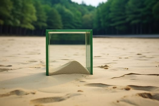 Glass cube on the sand. Search for meaning.