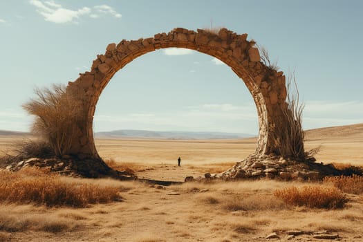 Stone arch in the middle of the dry steppe.
