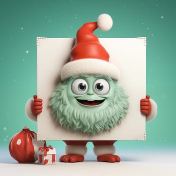 Cheerful furry green monster in Santa hat holding a sign, with gifts and snow, holiday concept.