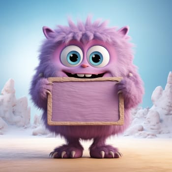 A cute lilac-colored monster with big blue eyes, holding a wooden sign in a snowy landscape. Concept of winters travel