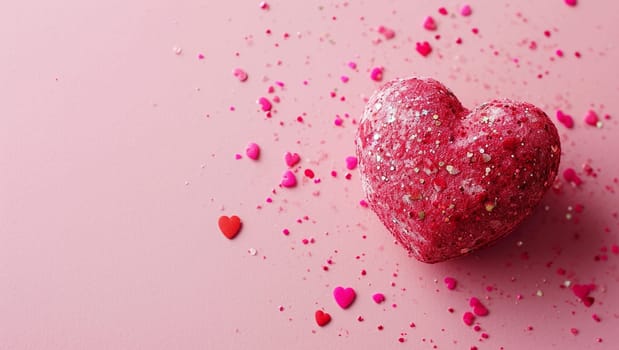 Red heart on pink background. One heart-shaped object is located to the side, there is space for text. High quality photo