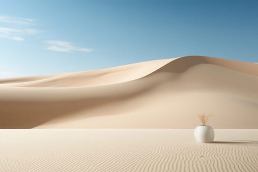 White vase with a dry plant in the middle of the desert dunes.