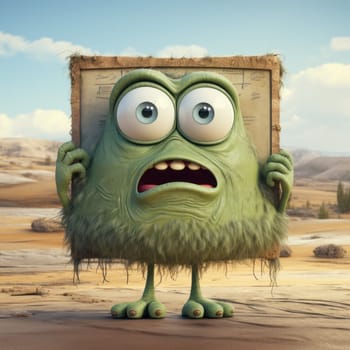 A startled green monster with large eyes clutching an aged sign in a barren desert landscape.