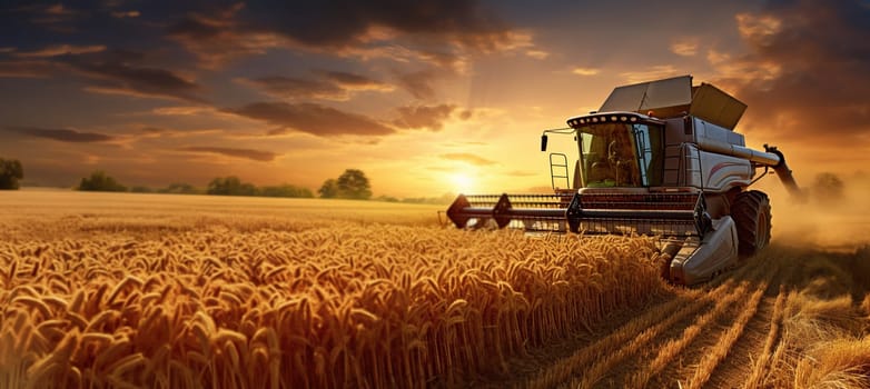 combine harvester collects ripe wheat early in the morning at dawn, a field against the background of dawn, harvest concept, food crisis, agricultural problems, copy space, high quality photo