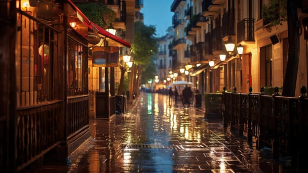 wet roads in the city center after heavy rain with blurred lights in the background, flood danger in Europe at night, selective focus, High quality photo