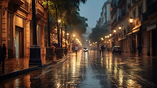 wet roads in the city center after heavy rain with blurred cars in the background, flood danger in Europe at night, selective focus, High quality photo