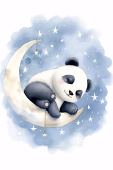 A whimsical cartoon panda bear sleeps on the moon, imagination and childhood concept - generative AI