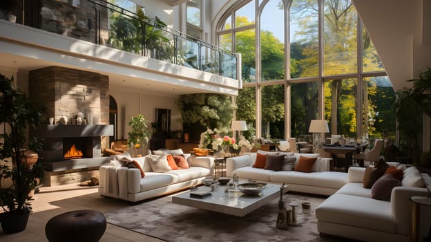 An elegant interior space featuring plush white sofas, a modern fireplace, and floor-to-ceiling windows overlooking an luscious forest