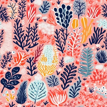 seamless colorful fun pattern of coral and leaves, ai