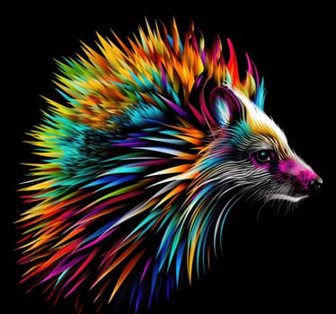 Porcupine in bright psychedelic pop art style isolated on black background. Template for t-shirt print, poster, sticker, etc.