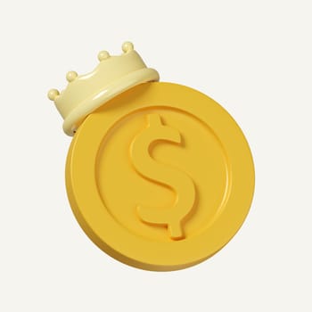 3d Golden dollar coin icon with crown, Money investment concept. icon isolated on white background. 3d rendering illustration. Clipping path..