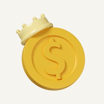 3d Golden dollar coin with crown. Money investment concept. icon isolated on white background. 3d rendering illustration. Clipping path..
