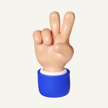 hand showing two fingers. Love and peace. Victory sign gesture. Friendly funny. icon isolated on white background. 3d rendering illustration. Clipping path..