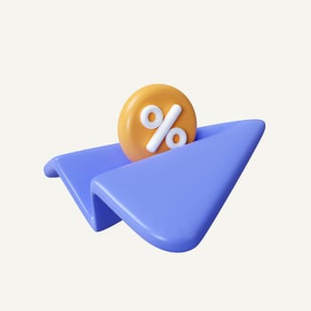 3 d paper airplane with percent. online discount coupons. online store discount percentage concept. icon isolated on white background. 3d rendering illustration. Clipping path..