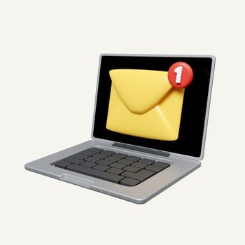 3d email message on computer laptop screen. Letter in envelope with tick. Email advertising, direct digital marketing. icon isolated on white background. 3d rendering illustration. Clipping path..