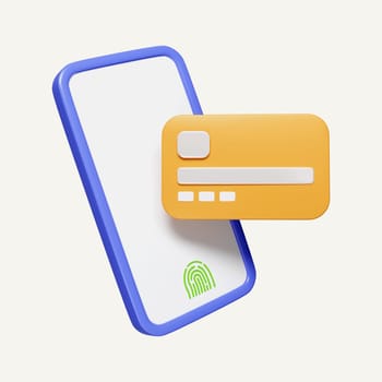 3d Mobile contactless payments . Pay online concept with credit card. green fingerprint on smartphone. icon isolated on white background. 3d rendering illustration. Clipping path..