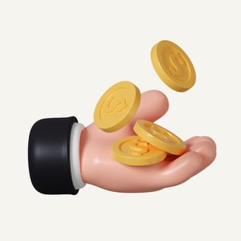 3D Golden coins dropping in open human palm. Symbol of earning, receiving bank interest, successful financial transaction. icon isolated on white background. 3d rendering illustration. Clipping path..
