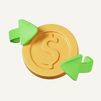 3D money coin transfer with concept, bundles cash coins exchange. cashless society concept in 3d money exchange. icon isolated on white background. 3d rendering illustration. Clipping path..