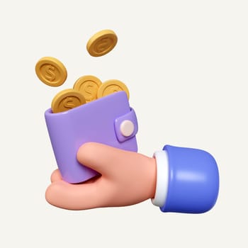 3d hand hold wallet with coin. mobile wallet. saving money online payment and payment concept. icon isolated on white background. 3d rendering illustration. Clipping path..