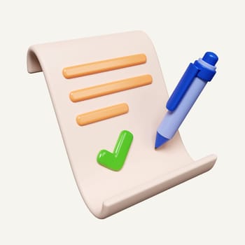 3d correct document. paperwork approved. accepted, ok, right. document clipboard with a pen and green checkmark. icon isolated on white background. 3d rendering illustration. Clipping path..