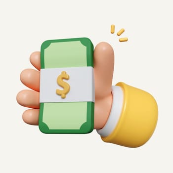 3d hand holds dollar bills. Concept of financial operation. Payment and Cash back. Money investment and business commerce. icon isolated on white background. 3d rendering illustration. Clipping path..