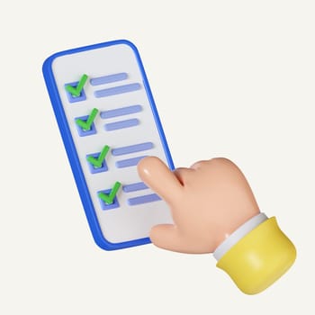 3d hands with finger fill online survey or test form on screen. phone and forefinger touching check box buttons. icon isolated on white background. 3d rendering illustration. Clipping path..