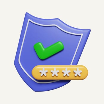 cyber security password and shield. The concept personal data protection. icon isolated on white background. 3d rendering illustration. Clipping path..