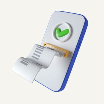 3d mobile phone with check mark on screen and receipt .concept of online payment, transaction confirmation. icon isolated on white background. 3d rendering illustration. Clipping path..